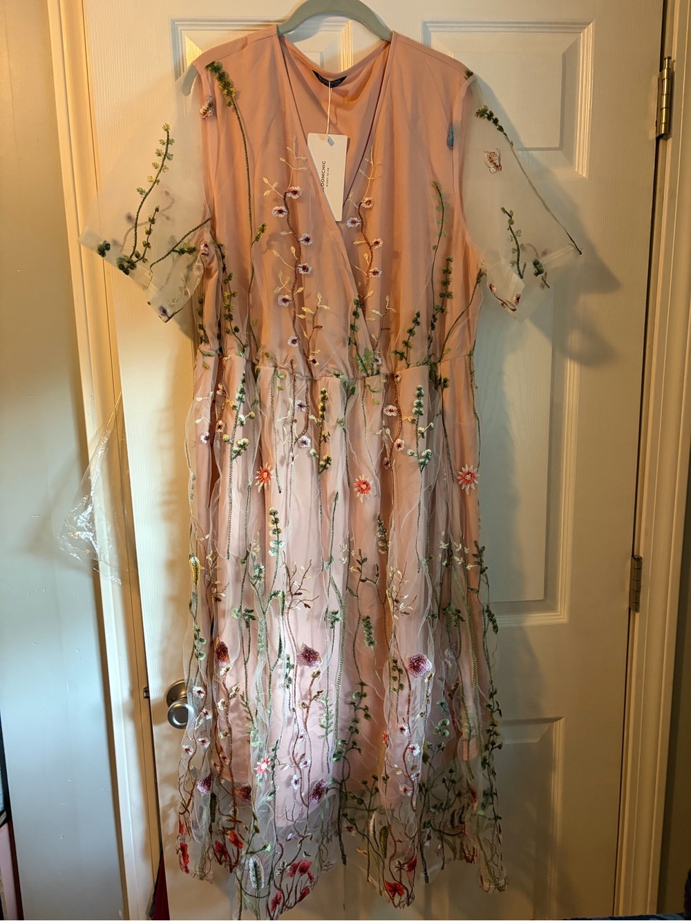 Bloomchic Embroidered Floral Midi Dress in Blush Pink